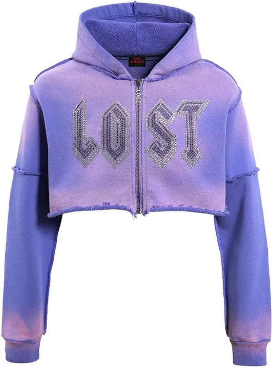 LOST INTRICACY CROP ZIP UP HOODIE LAVENDER