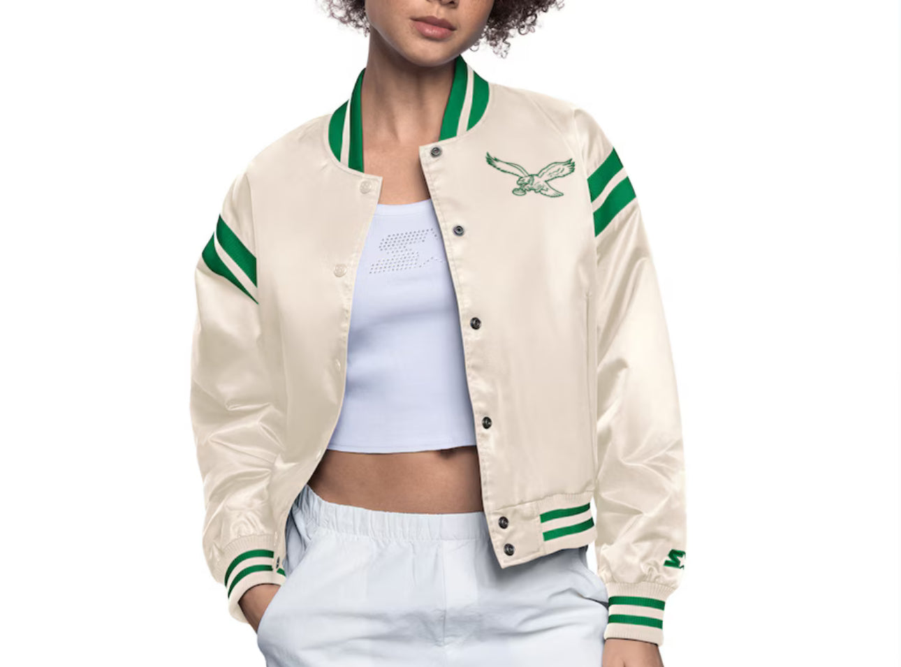 Women's Eagles Eagles Starter Cream Full Count Satin Jacket