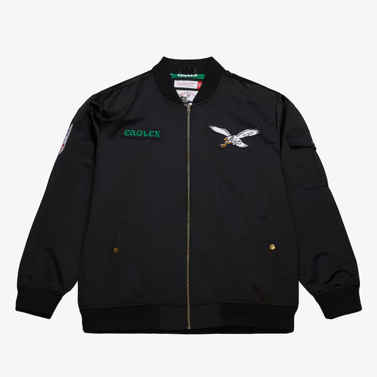 MITCHELL & NESS Black Philadelphia Eagles Satin Bomber Vintage Jacket