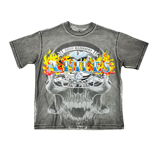 KIY STUDIOS "A.MILE LIVE FREE" CHARCOAL GRUNGE WASH T-SHIRT